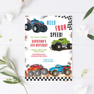 Need Four Speed Monster Truck Boy 4th Birthday  Einladung