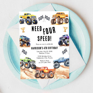Need Four Speed Monster Truck Boy 4th Birthday  Einladung