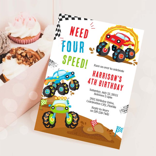 Need Four Speed Monster Truck Boy 4th Birthday Einladung (Von Creator hochgeladen)