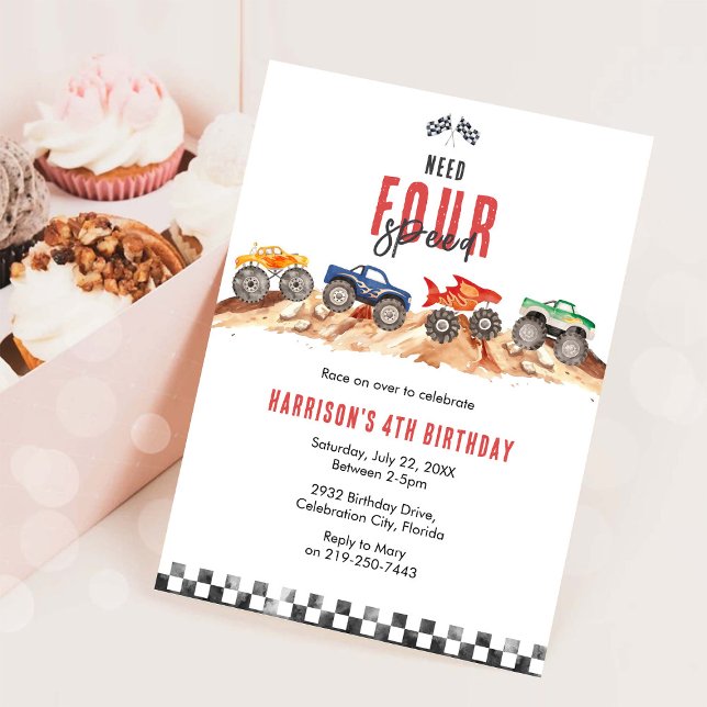 Need Four Speed Monster Truck Boy 4th Birthday Einladung (Von Creator hochgeladen)
