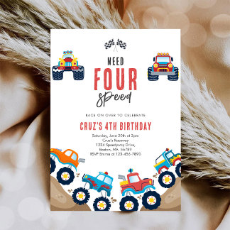 Need Four Speed Monster Truck Boy 4th Birthday Inv Einladung