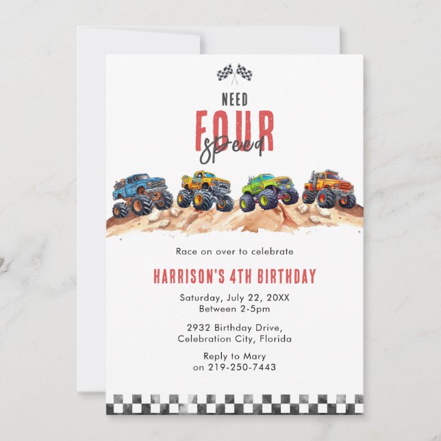 Need Four Speed Monster Truck Boy 4th Birthday Inv Einladung (Vorderseite)