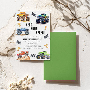 Need Four Speed Monster Trucks 4. Geburtstagsfeier Einladung
