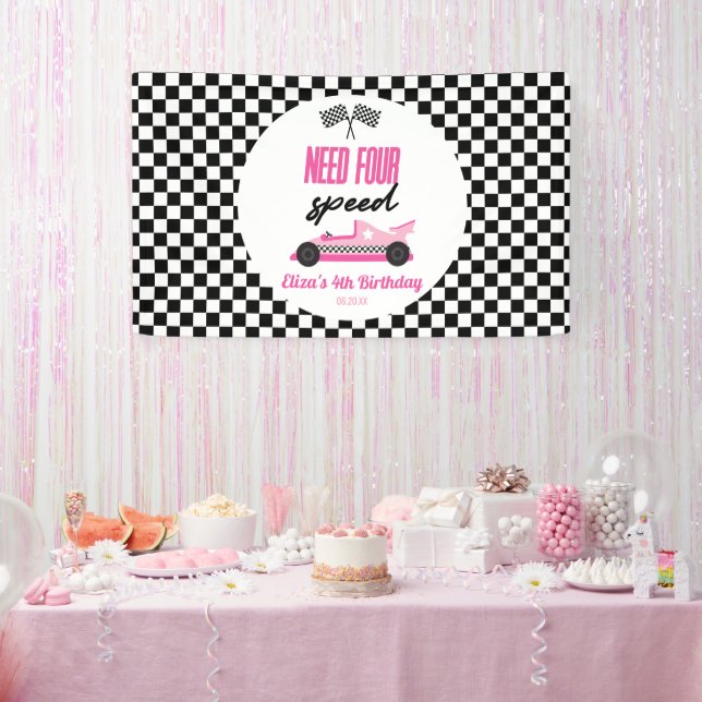Need Four Speed Pink Race Car 4th Birthday Party Banner (Party)