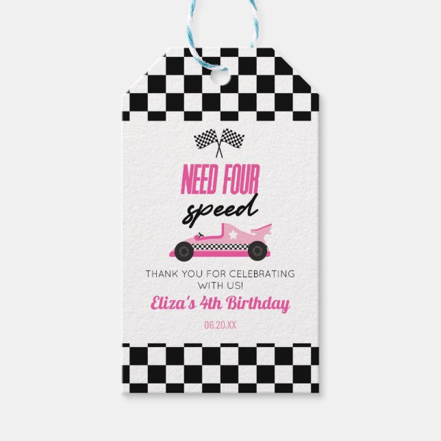 Need Four Speed Pink Race Car 4th Birthday Party Geschenkanhänger (Vorderseite)