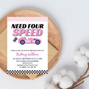 Need Four Speed Pink Race Car Girl Geburtstag Einladung