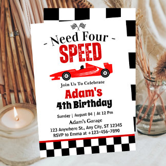 Need Four Speed Race Car Boy 4. Geburtstag Party Einladung