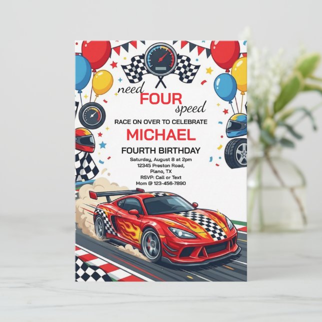 Need Four Speed Red Race Car 4th Birthday Party Einladung (Stehend Vorderseite)