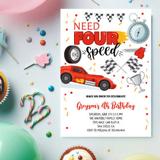 Need Four Speed Rennwagen Rot 4. Jungen Geburtstag Einladung