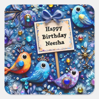 NEESHA ~ HAPPY BIRTHDAY ~ Vögel ~ Quadratischer Aufkleber
