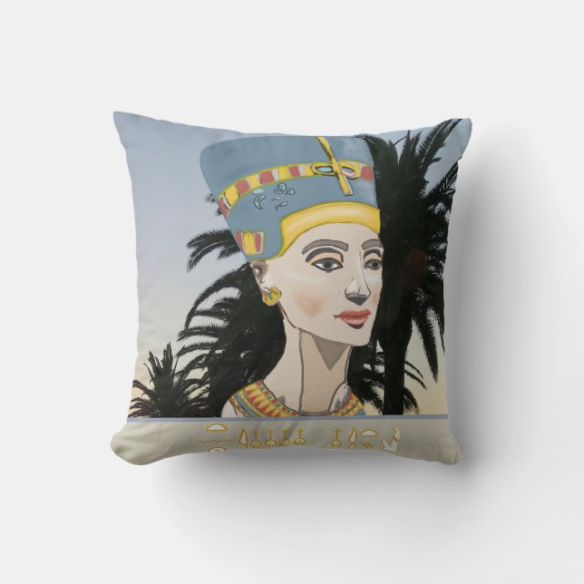 Nefertiti Farbiges Portrait und Palmen Kissen (Vorderseite)