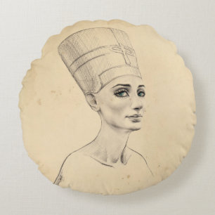 Nefertiti-Portrait zeichnend Papyrus aus dem alten Rundes Kissen