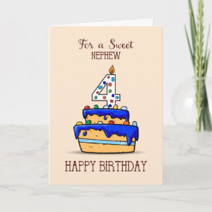 Neffe 4. Geburtstag, 4 auf süßer blauer Torte Karte