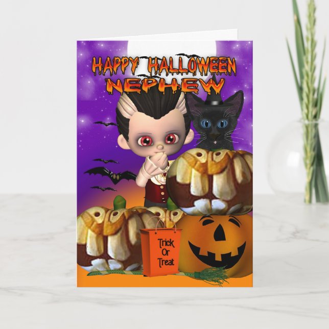 Neffe-Halloweenvampirekatzenkürbis-Jack O lanter Karte (Vorderseite)