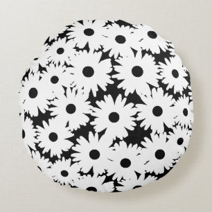 Negative Space Daisies weiß auf schwarz Rundes Kissen
