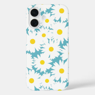 Negative Space Daisies weiß gelb auf blau iPhone 16 Hülle
