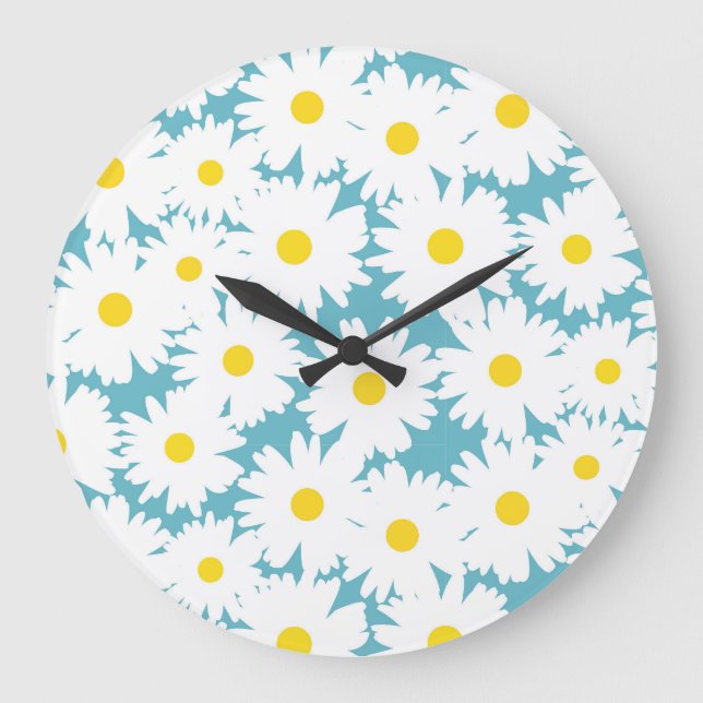 Negative Space Daisies weiß gelb auf blau Große Wanduhr (Vorderseite)