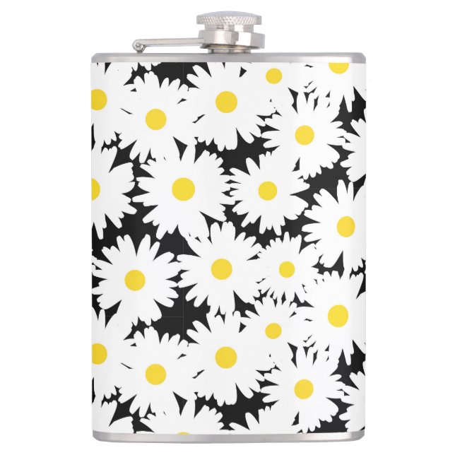 Negative Space Daisies weiß gelb auf schwarz Flachmann (Vorderseite)