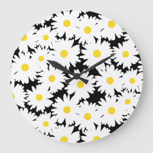 Negative Space Daisies weiß gelb auf schwarz Große Wanduhr