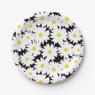 Negative Space Daisies weiß gelb auf schwarz Pappteller