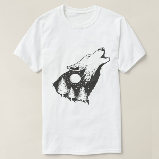 Negativer Platz eines Wolfs mit Waldhintergrund T-Shirt (Design vorne)