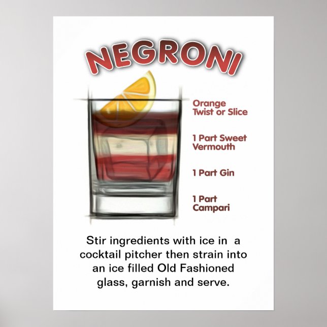 NEGRONI 18" x 24" Cocktail Rezept Art Poster (Vorne)