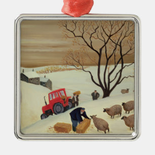 Nehmen den Schafen des Heus durch Traktor Silbernes Ornament