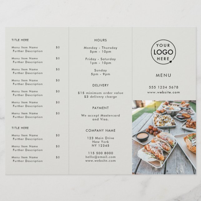 Nehmen Sie | Restaurant Grau Logo Foto Menu (Vorderseite)