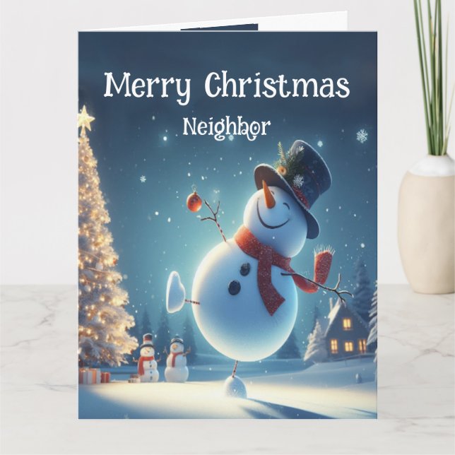 Neighbor Happy Snowman Hot Chocolate Weihnachten Karte (Vorderseite)