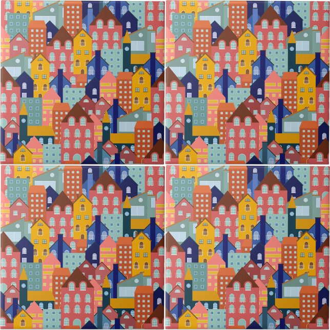 Neighborhood Block City Houses Pattern Fliese (Neighborhood Block City Houses Pattern Ceramic Tile)