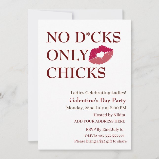 Nein D*cks only Chicks Galentine's Day Ladys Night Einladung (Vorderseite)