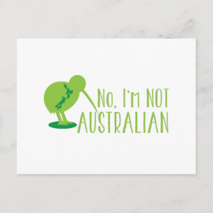 Nein, ich bin NICHT AUSTRALIAN (mit Kiwi-Vogel und Postkarte