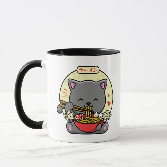 Neko Cat Eating Ramen Niedlich Kawaii Noodle Tasse (Links)