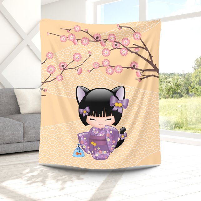 Neko Kokeshi Doll - Cat Ears Geisha Girl Fleecedecke (Von Creator hochgeladen)