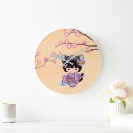 Neko Kokeshi Doll - Cat Ears Geisha Girl Große Wanduhr