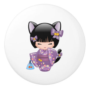 Neko Kokeshi Doll - Cat Ears Geisha Girl Keramikknauf