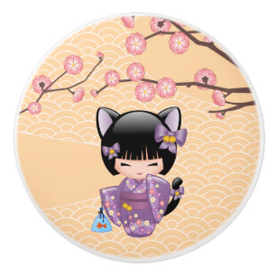 Neko Kokeshi Doll - Cat Ears Geisha Girl Keramikknauf