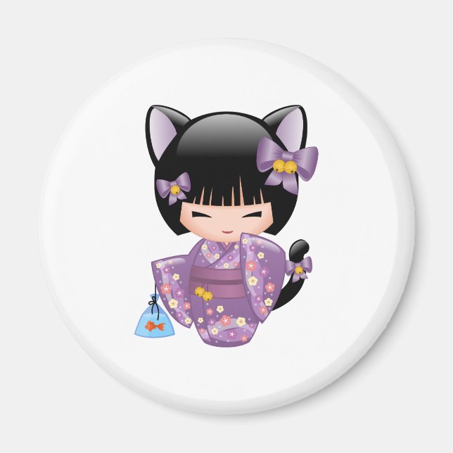 Neko Kokeshi Doll - Cat Ears Geisha Girl Magnet (Vorne)