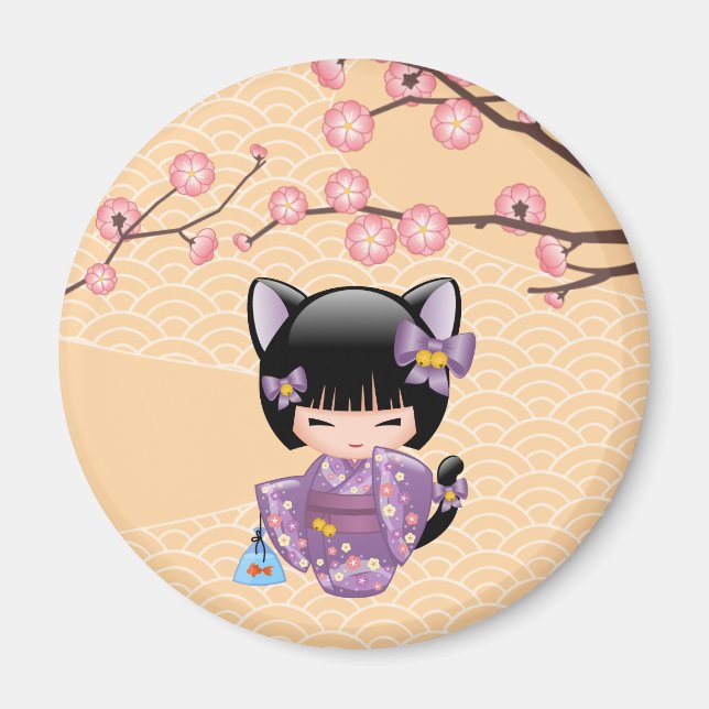 Neko Kokeshi Doll - Cat Ears Geisha Girl Magnet (Vorne)