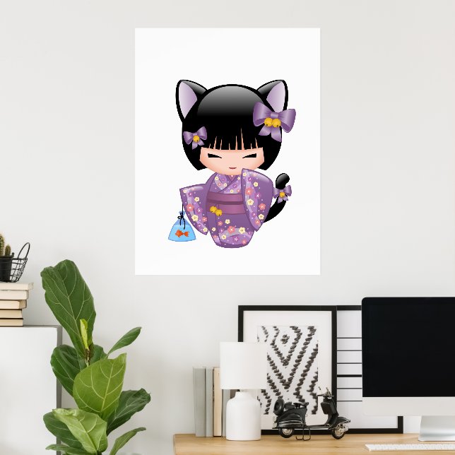 Neko Kokeshi Doll - Cat Ears Geisha Girl Poster (Heimbüro)