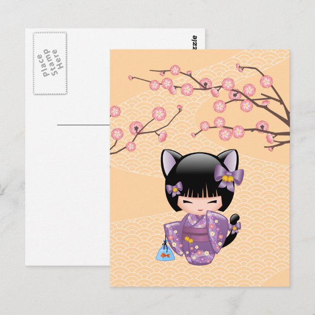 Neko Kokeshi Doll - Cat Ears Geisha Girl Postkarte (Vorne/Hinten)