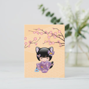 Neko Kokeshi Doll - Cat Ears Geisha Girl Postkarte