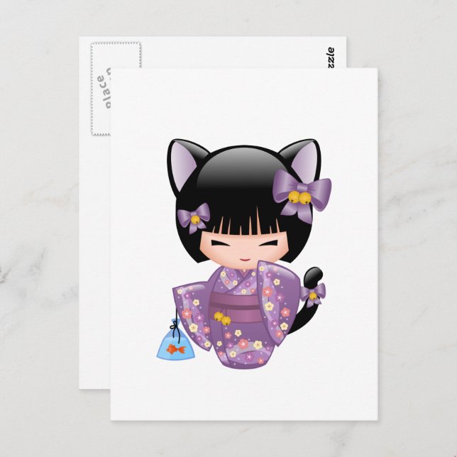 Neko Kokeshi Doll - Cat Ears Geisha Girl Postkarte (Vorne/Hinten)