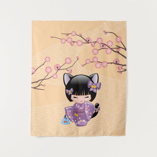 Neko Kokeshi Doll - Cat Ears Geisha Girl Wandteppich (Vorderseite)