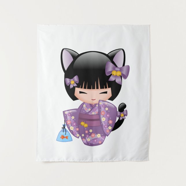 Neko Kokeshi Doll - Cat Ears Geisha Girl Wandteppich (Vorderseite)