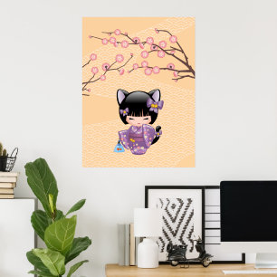 Neko Kokeshi Puppe - Katze Ohr Geisha Mädchen Poster