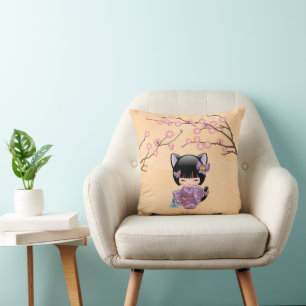 Neko Kokeshi Puppe - Katzenohren Geisha Mädchen Kissen