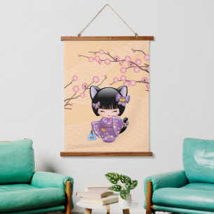 Neko Kokeshi Puppe - Mädchen mit Katzenohren und G Wandteppich Mit Holzrahmen