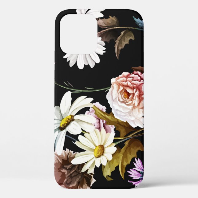 Nelke, Kamille Blume, schwarzes Muster. Case-Mate iPhone Hülle (Rückseite)