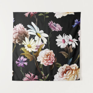 Nelke, Kamille Blume, schwarzes Muster. Wandteppich
